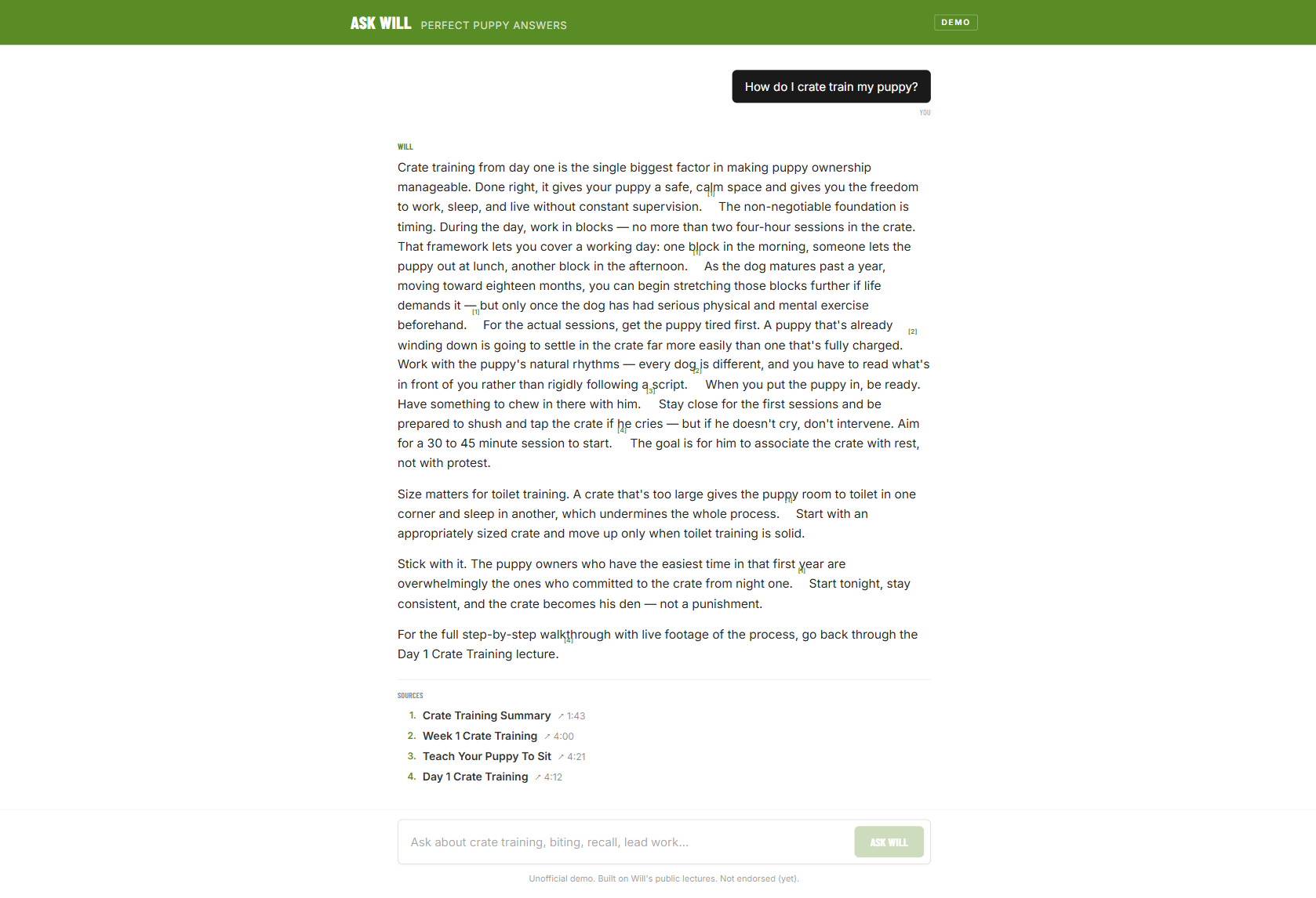 Screenshot of the Ask Will demo showing a Q&A response with citations linking to specific lecture timestamps